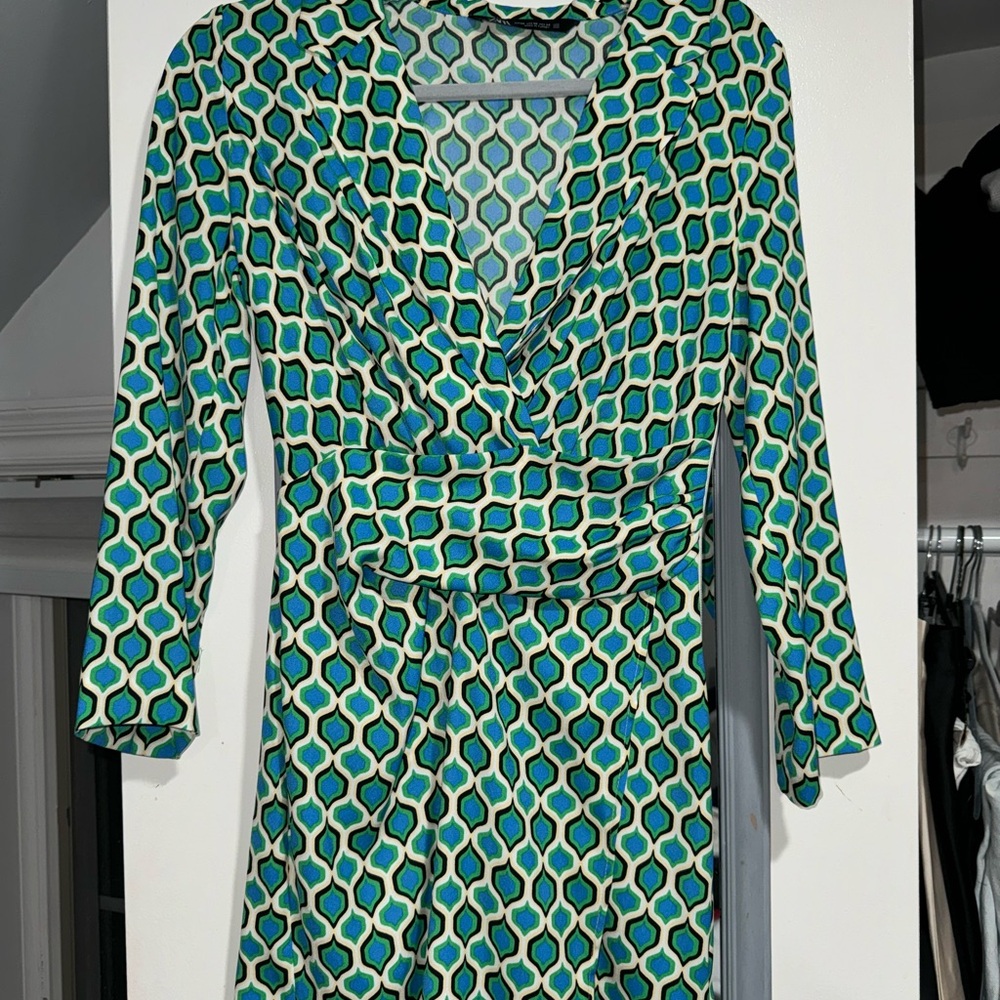 Zara Geometric Patterned Dress in Blue and Green